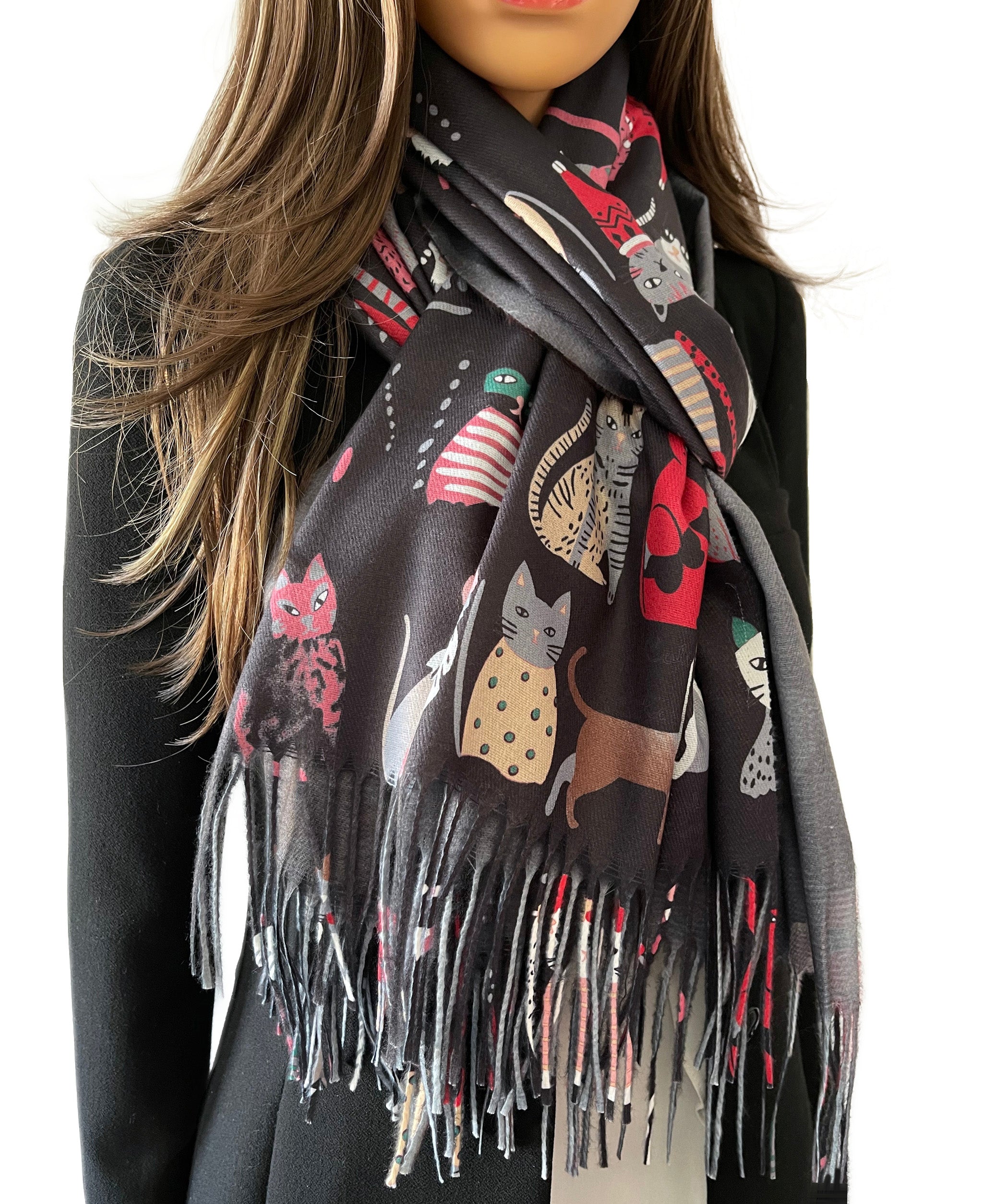A-SHU BLACK CAT PRINT LONG LIGHTWEIGHT SCARF - A-SHU.CO.UK