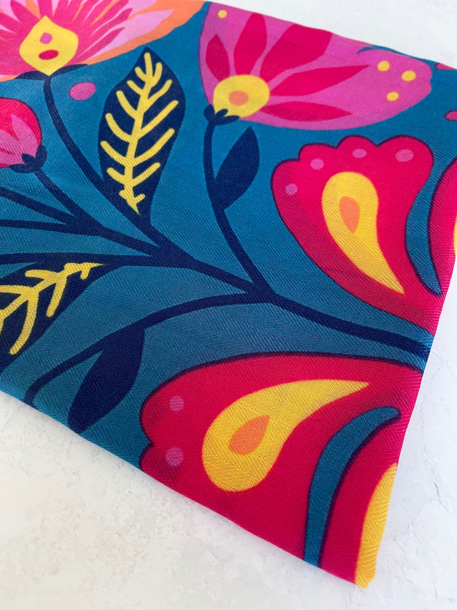 BLUE LOTUS FLORAL PRINT SQUARE TASSEL SCARF
