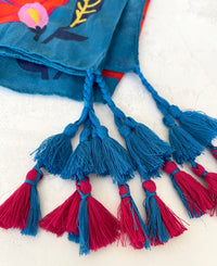 BLUE LOTUS FLORAL PRINT SQUARE TASSEL SCARF