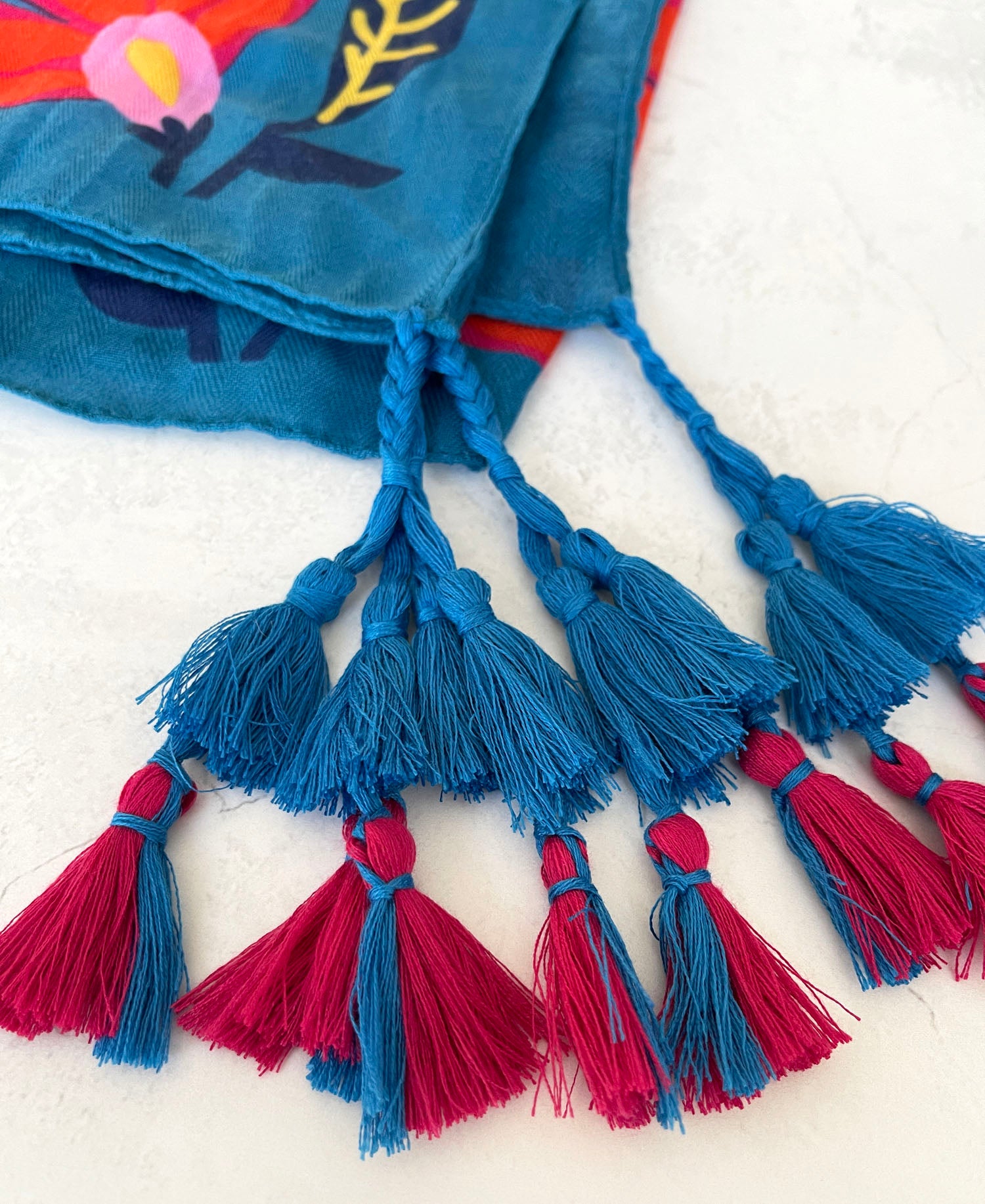 BLUE LOTUS FLORAL PRINT SQUARE TASSEL SCARF