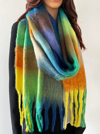Blue Yellow Checked Wool Rainbow Blanket Scarf Oversized Winter Shawl Wrap