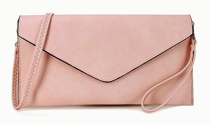 LIGHT PINK OVER-SIZED ENVELOPE CLUTCH BAG WITH LONG CROSS BODY AND WRISTLET STRAP