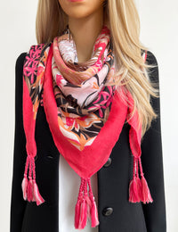 CORAL GARDEN FLORAL PRINT SQUARE TASSEL SCARF
