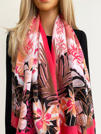CORAL GARDEN FLORAL PRINT SQUARE TASSEL SCARF