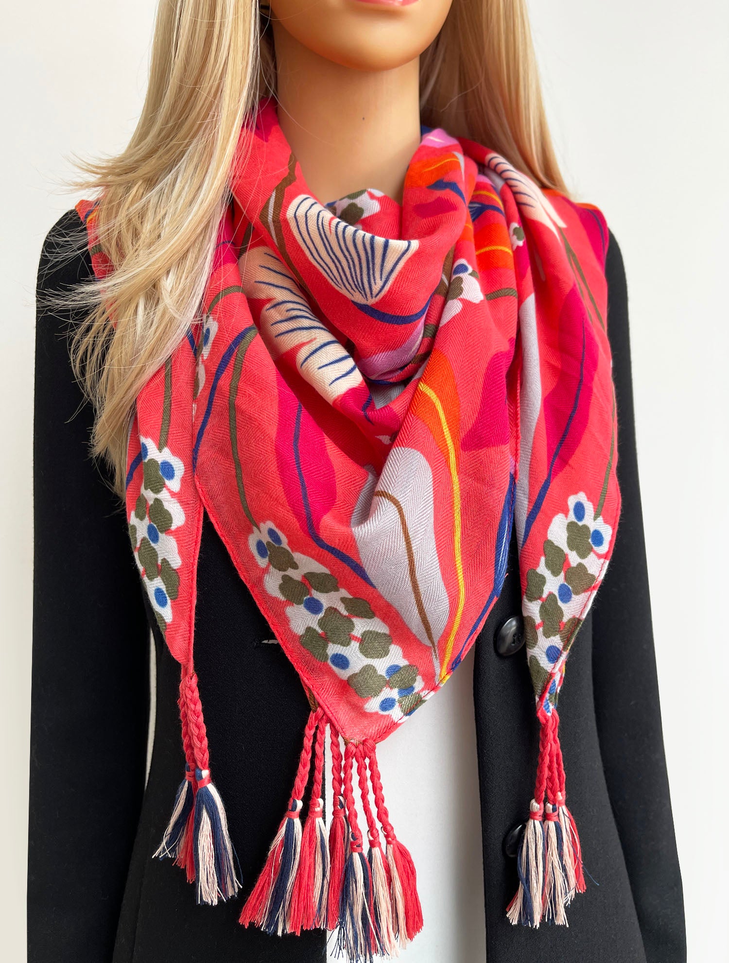 CORAL ORANGE ROSE FLORAL PRINT SQUARE TASSEL SCARF