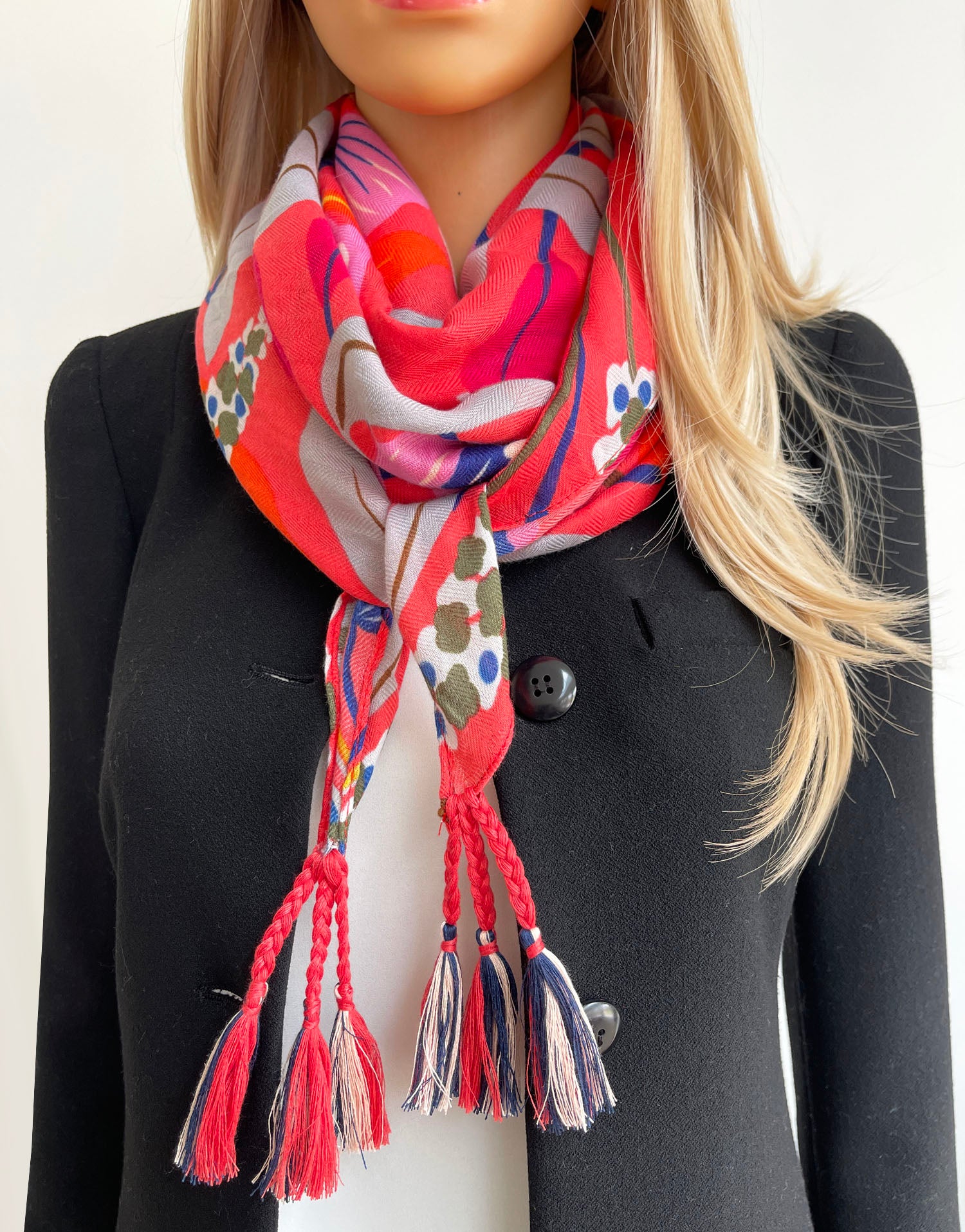 CORAL ORANGE ROSE FLORAL PRINT SQUARE TASSEL SCARF