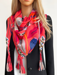 CORAL ORANGE ROSE FLORAL PRINT SQUARE TASSEL SCARF