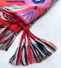 CORAL ORANGE ROSE FLORAL PRINT SQUARE TASSEL SCARF