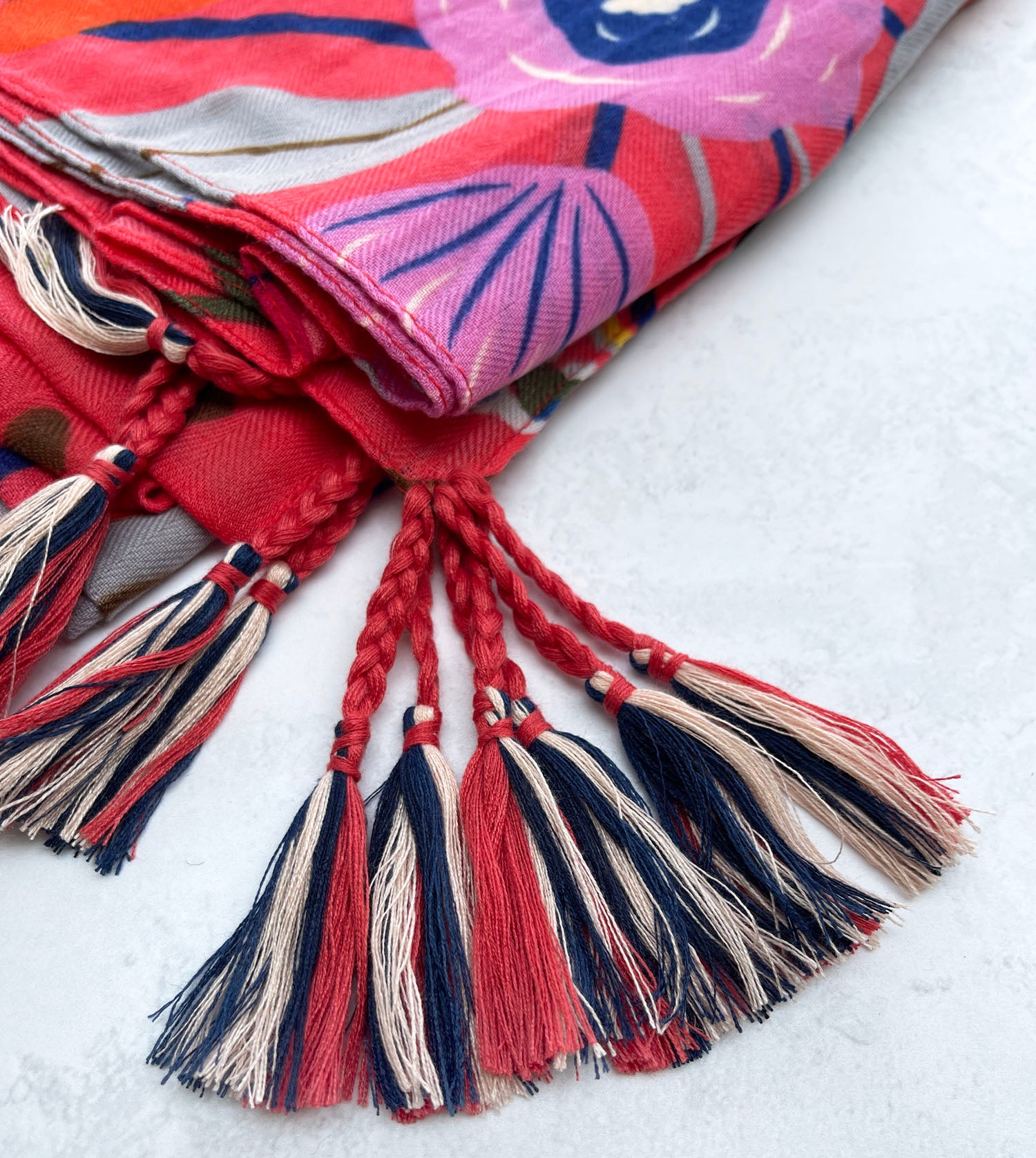 CORAL ORANGE ROSE FLORAL PRINT SQUARE TASSEL SCARF