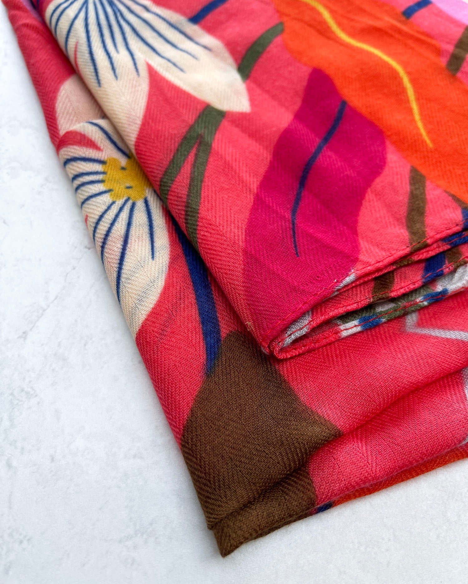 CORAL ORANGE ROSE FLORAL PRINT SQUARE TASSEL SCARF
