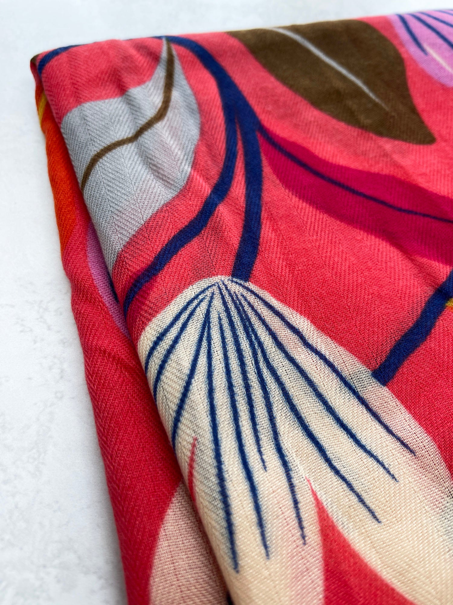 CORAL ORANGE ROSE FLORAL PRINT SQUARE TASSEL SCARF