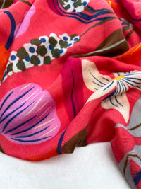 CORAL ORANGE ROSE FLORAL PRINT SQUARE TASSEL SCARF