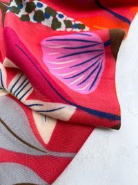 CORAL ORANGE ROSE FLORAL PRINT SQUARE TASSEL SCARF