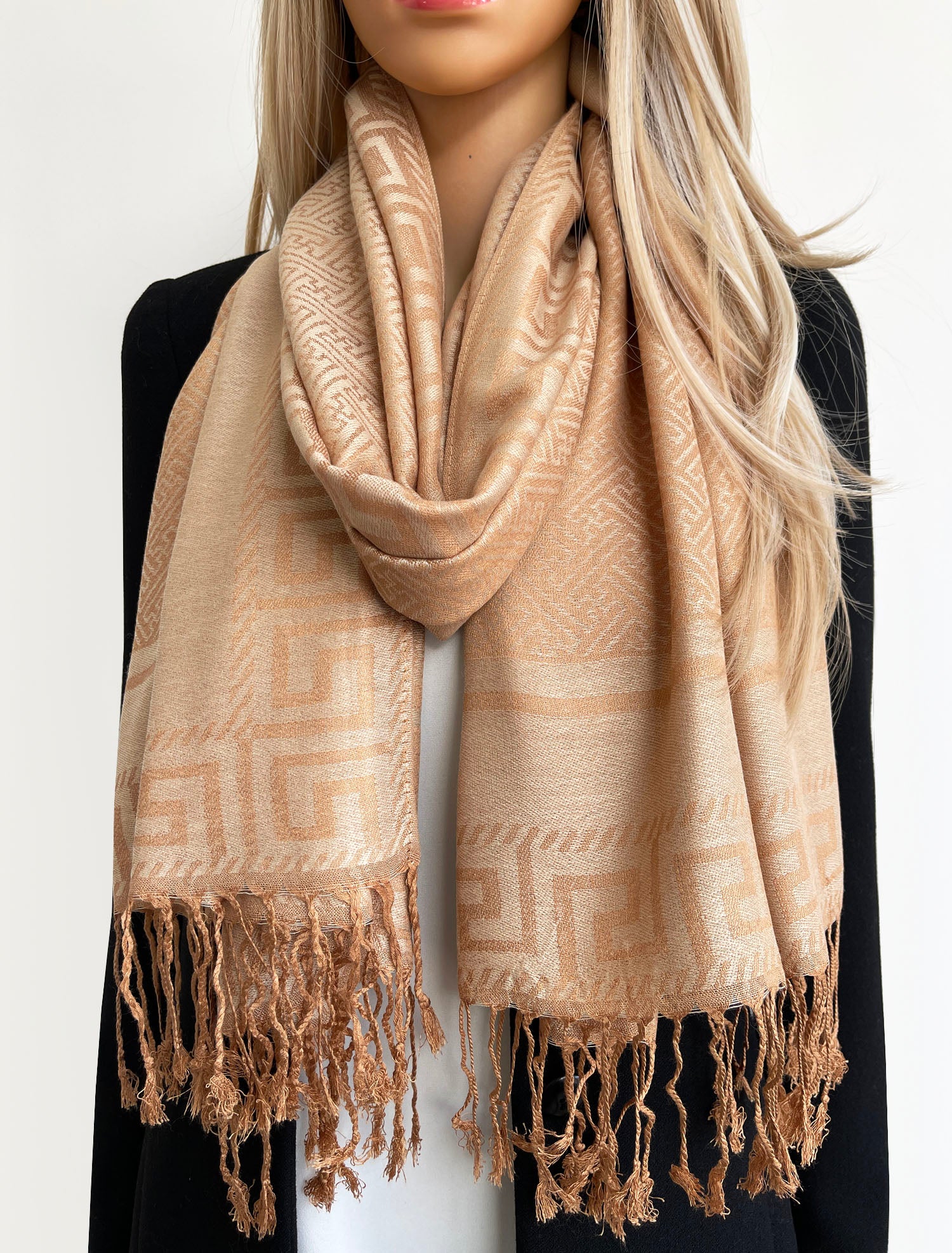 GEOMETRIC LIGHT BEIGE LIGHTWEIGHT PASHMINA SHAWL SCARF
