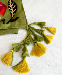 GREEN LOTUS FLORAL PRINT SQUARE TASSEL SCARF