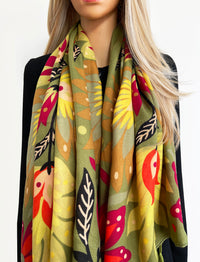GREEN LOTUS FLORAL PRINT SQUARE TASSEL SCARF
