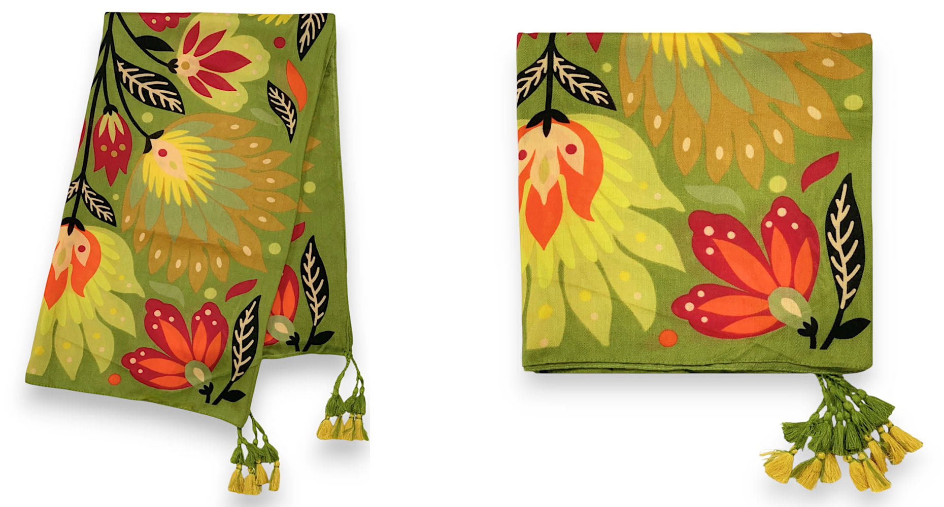 GREEN LOTUS FLORAL PRINT SQUARE TASSEL SCARF