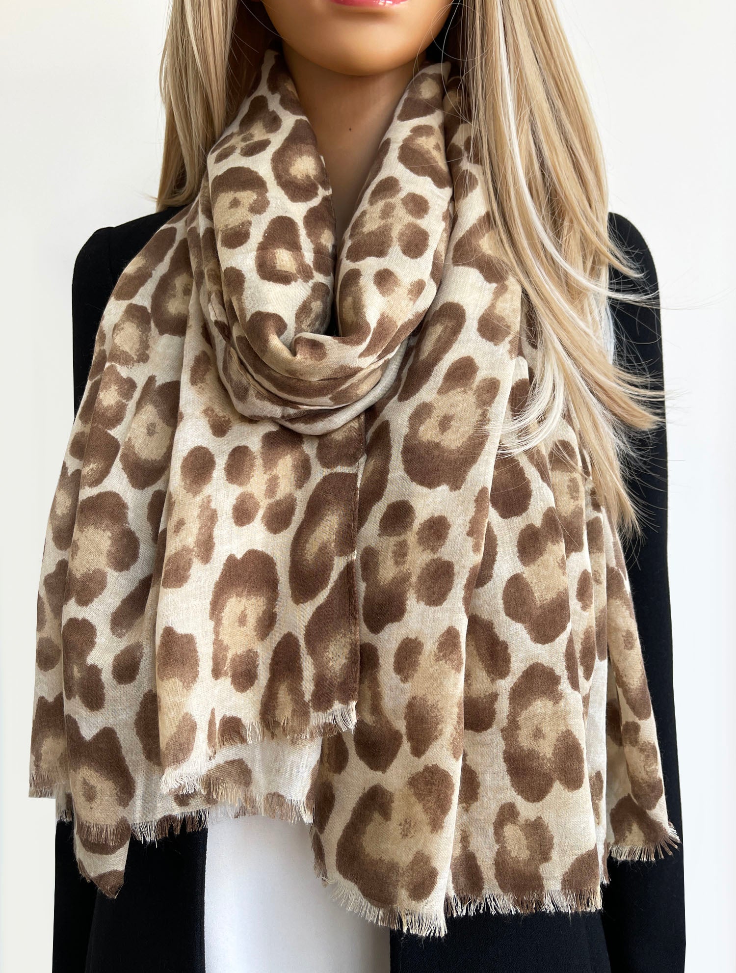LARGE BEIGE OMBRE COTTON MIX LEOPARD PRINT SCARF