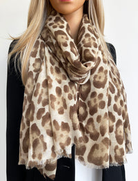 LARGE BEIGE OMBRE COTTON MIX LEOPARD PRINT SCARF
