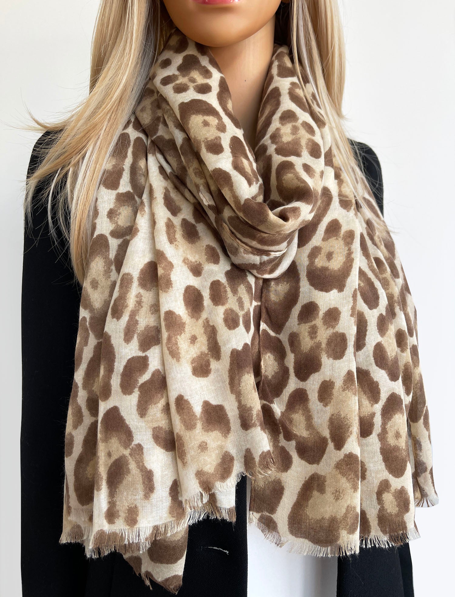 LARGE BEIGE OMBRE COTTON MIX LEOPARD PRINT SCARF