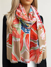 LARGE BEIGE ORANGE BRIGHT FLORAL COTTON MIX SCARF