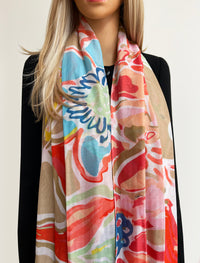 LARGE BEIGE ORANGE BRIGHT FLORAL COTTON MIX SCARF