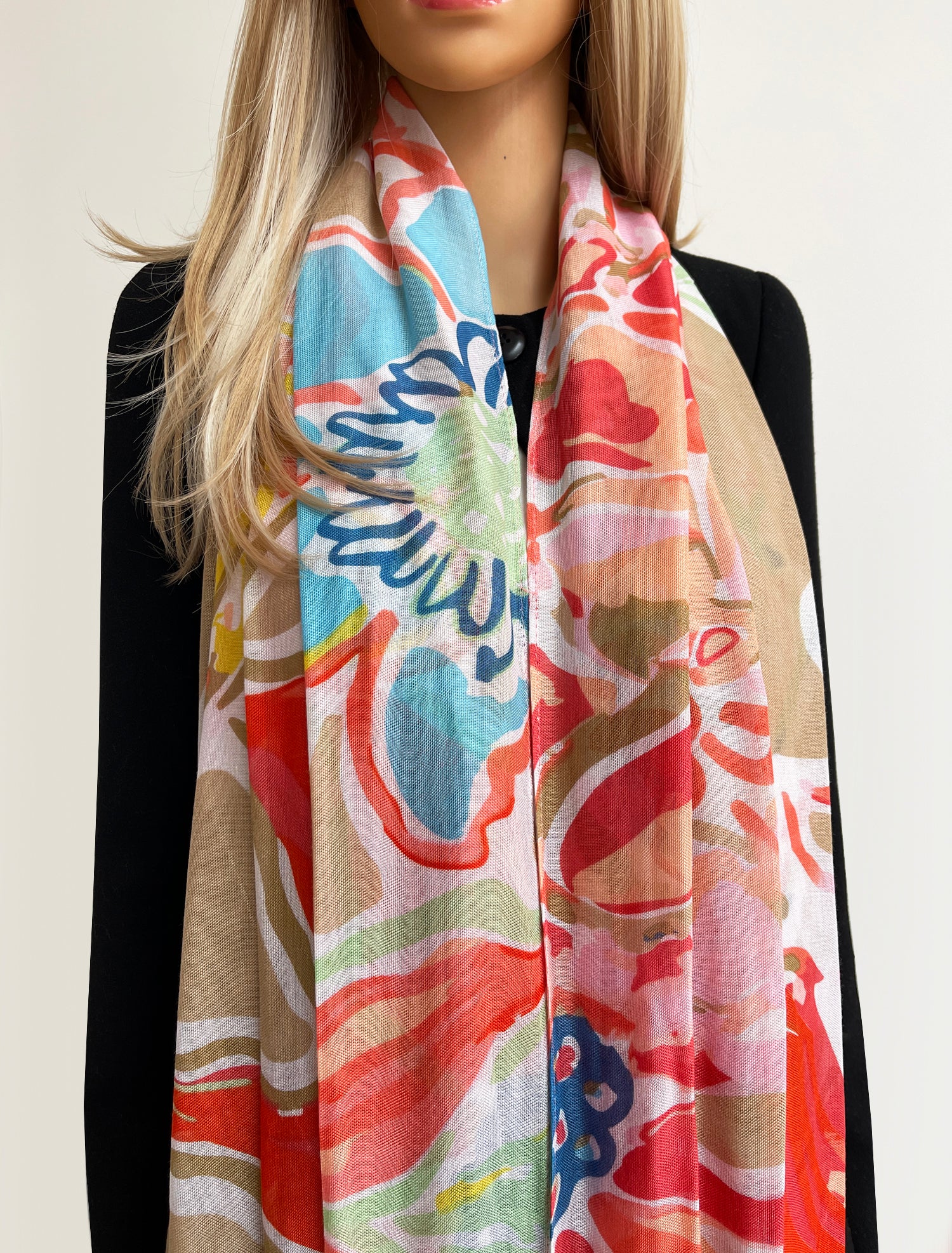 LARGE BEIGE ORANGE BRIGHT FLORAL COTTON MIX SCARF