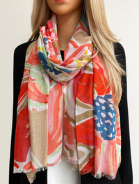 LARGE BEIGE ORANGE BRIGHT FLORAL COTTON MIX SCARF