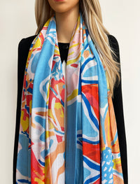 LARGE BLUE ORANGE BRIGHT FLORAL COTTON MIX SCARF