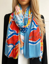 LARGE BLUE ORANGE BRIGHT FLORAL COTTON MIX SCARF