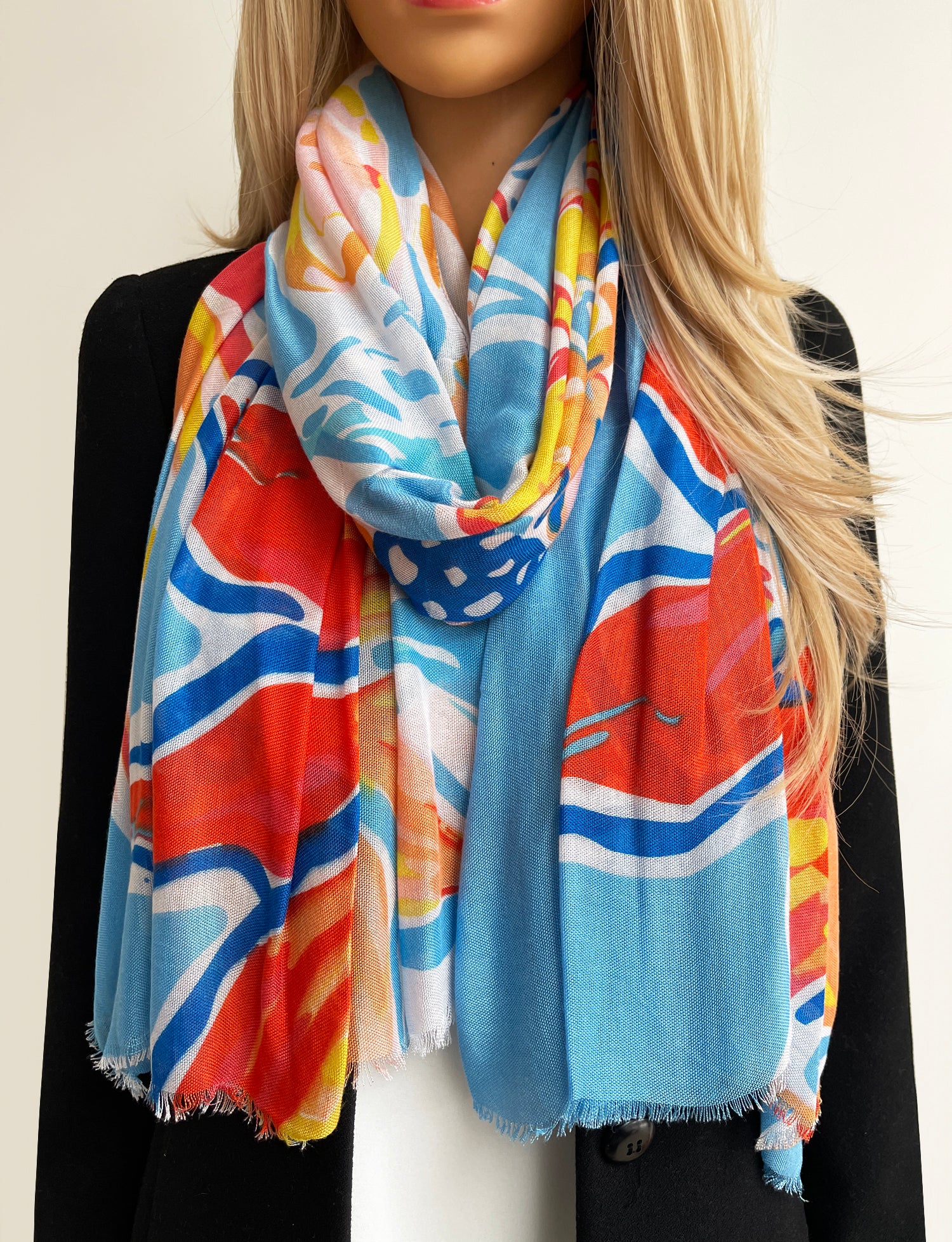 LARGE BLUE ORANGE BRIGHT FLORAL COTTON MIX SCARF