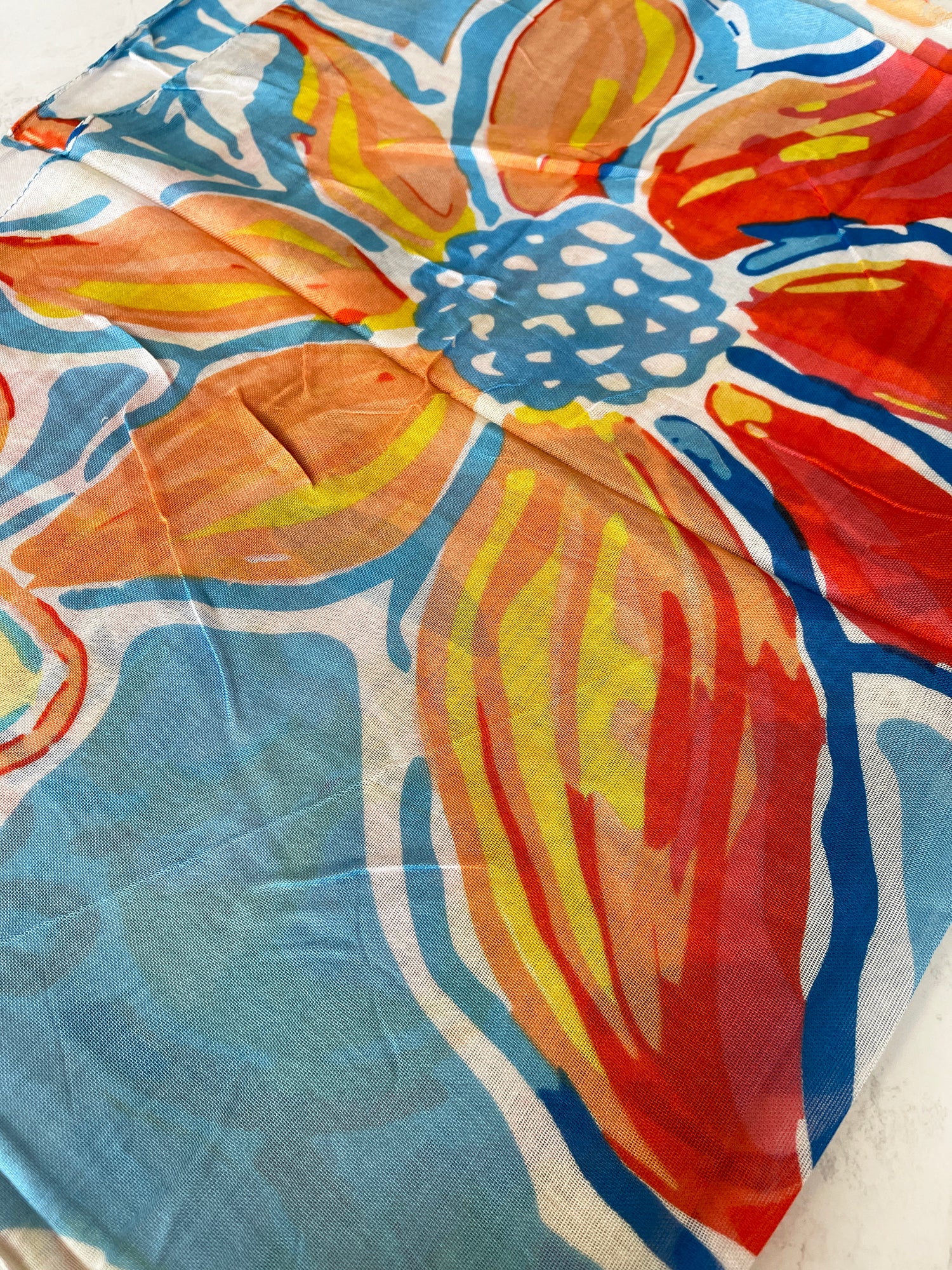 LARGE BLUE ORANGE BRIGHT FLORAL COTTON MIX SCARF