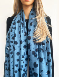 LARGE BLUE WOOL SPOTTY LEOPARD PRINT SCARF