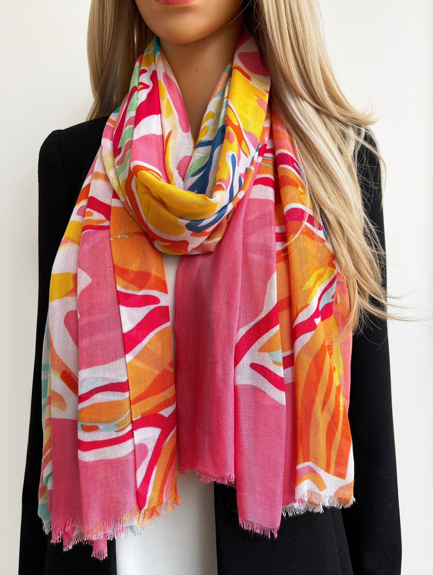 LARGE CORAL PINK BRIGHT FLORAL COTTON MIX SCARF