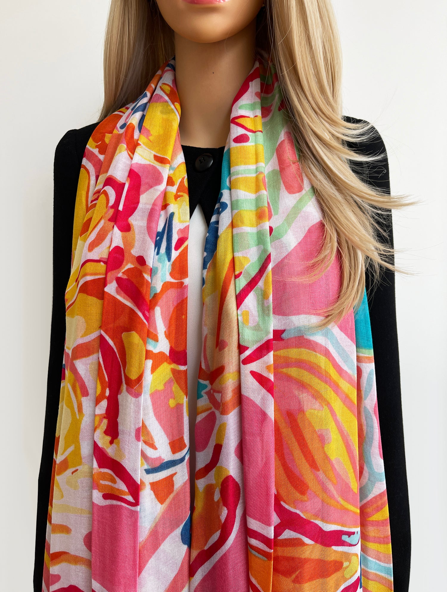 LARGE CORAL PINK BRIGHT FLORAL COTTON MIX SCARF
