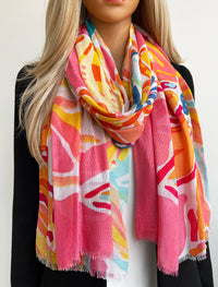 LARGE CORAL PINK BRIGHT FLORAL COTTON MIX SCARF