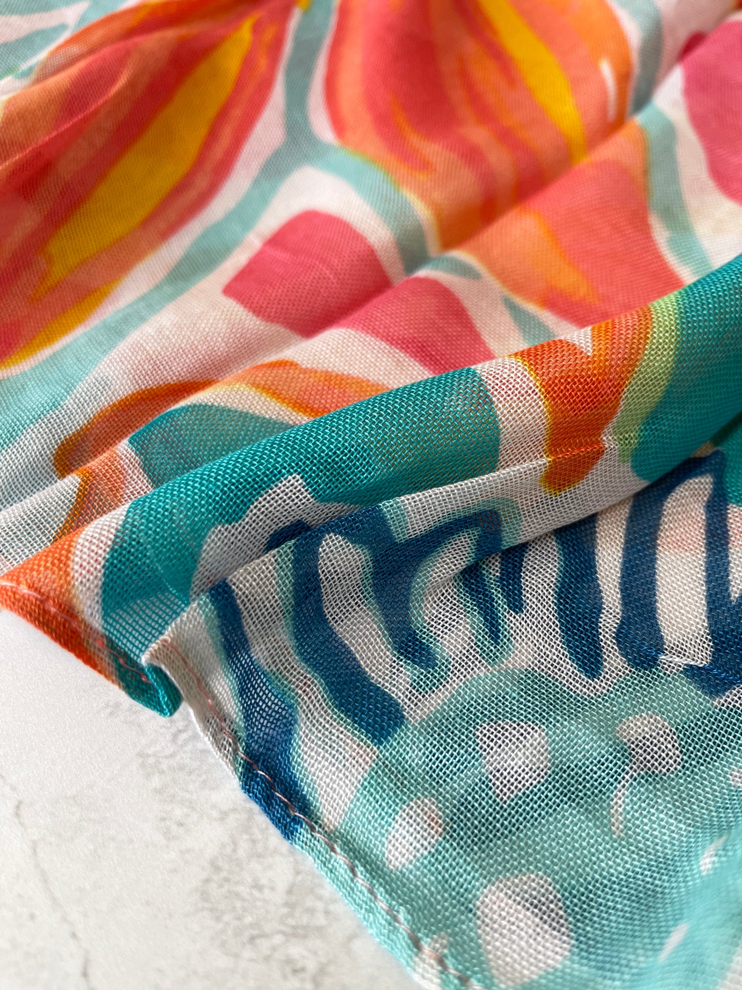 LARGE CORAL PINK BRIGHT FLORAL COTTON MIX SCARF