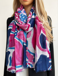 LARGE FUCHSIA NAVY BLUE BRIGHT FLORAL COTTON MIX SCARF