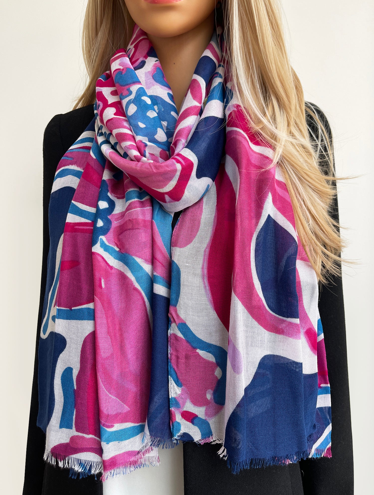 LARGE FUCHSIA NAVY BLUE BRIGHT FLORAL COTTON MIX SCARF
