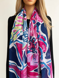 LARGE FUCHSIA NAVY BLUE BRIGHT FLORAL COTTON MIX SCARF