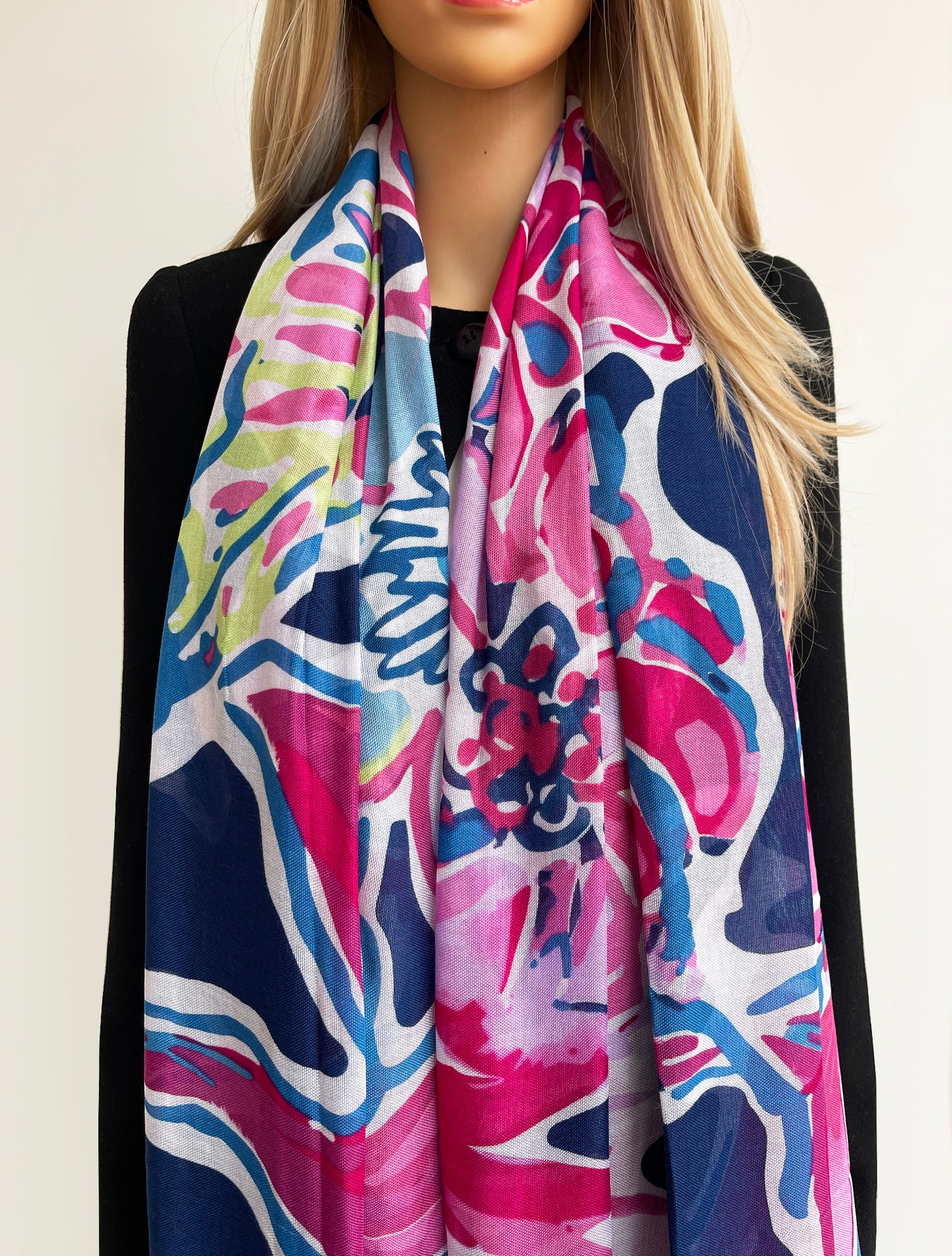 LARGE FUCHSIA NAVY BLUE BRIGHT FLORAL COTTON MIX SCARF