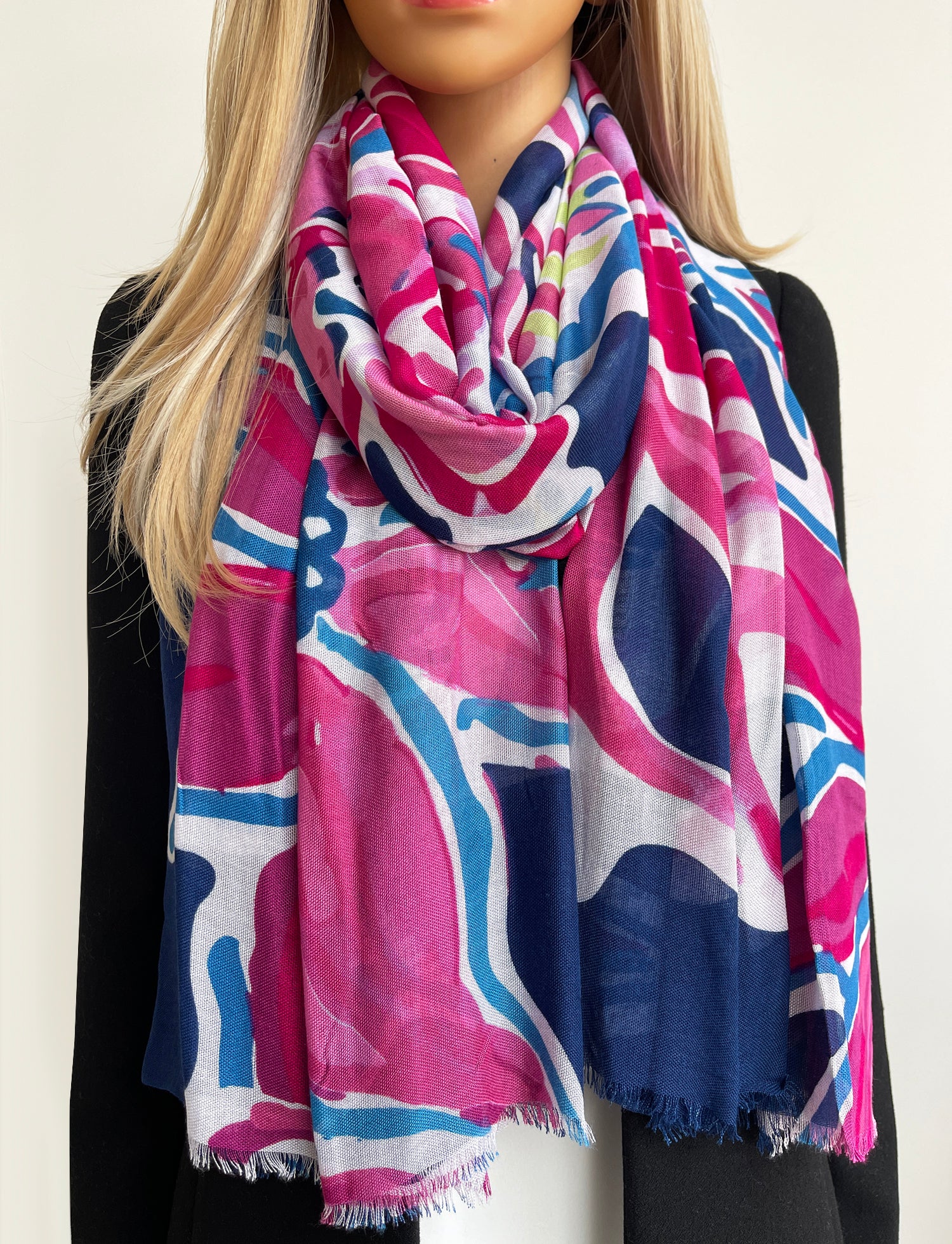 LARGE FUCHSIA NAVY BLUE BRIGHT FLORAL COTTON MIX SCARF
