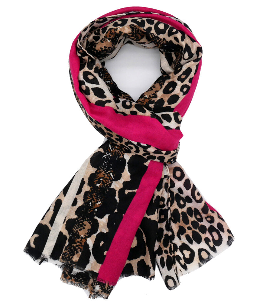 Fuchsia Pink Snakeskin and Leopard Print Scarf