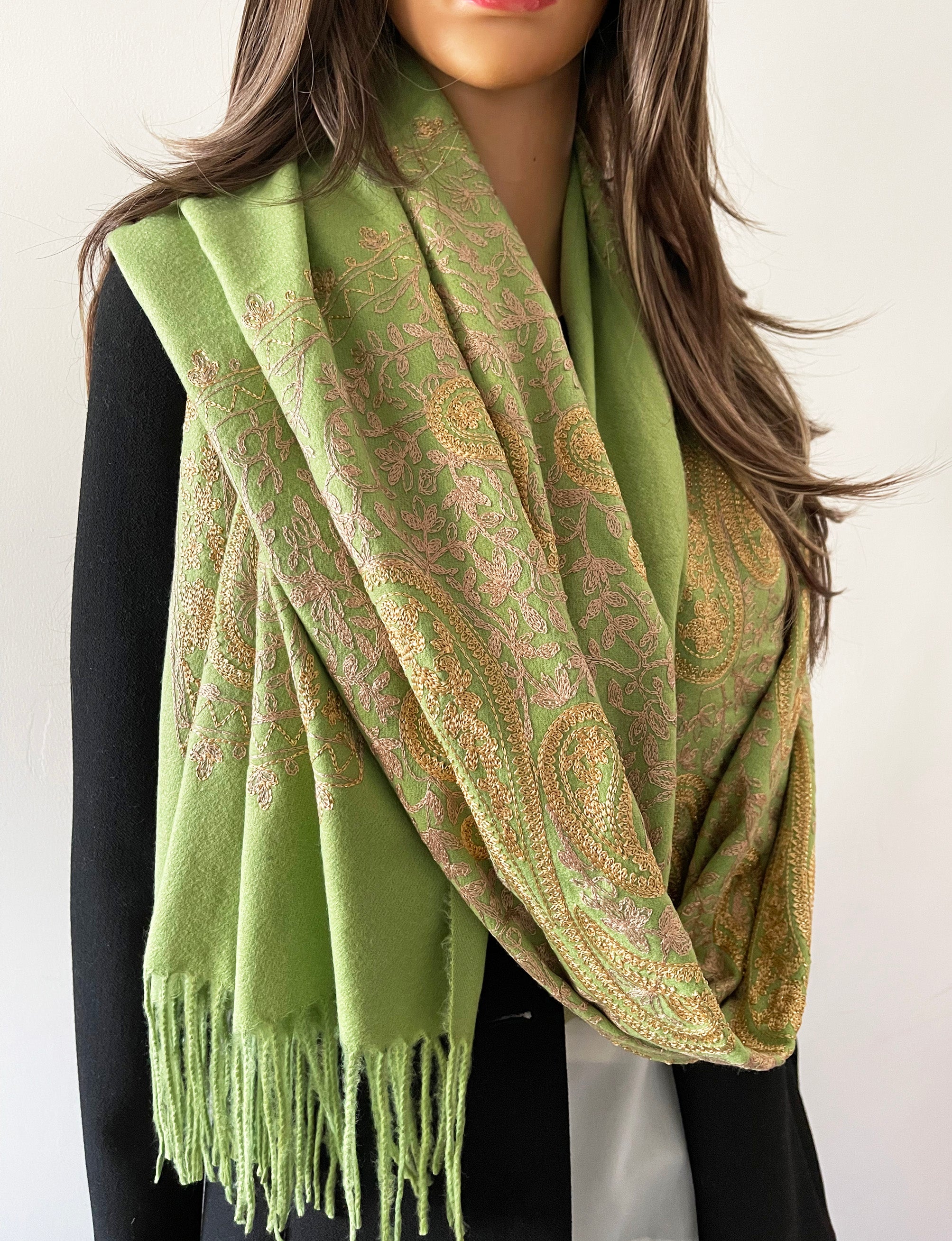 Green Paisley Cashmere Cotton Blend Winter Shawl Blanket Scarf