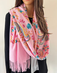 Pink Colourful Paisley Cashmere Cotton Blend Winter Shawl Blanket Scarf