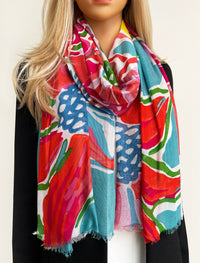 LARGE TEAL FUCHSIA BRIGHT FLORAL COTTON MIX SCARF