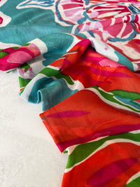 LARGE TEAL FUCHSIA BRIGHT FLORAL COTTON MIX SCARF