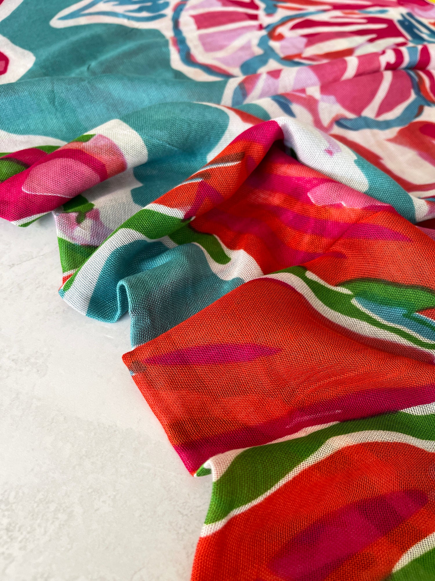LARGE TEAL FUCHSIA BRIGHT FLORAL COTTON MIX SCARF