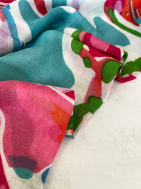 LARGE TEAL FUCHSIA BRIGHT FLORAL COTTON MIX SCARF