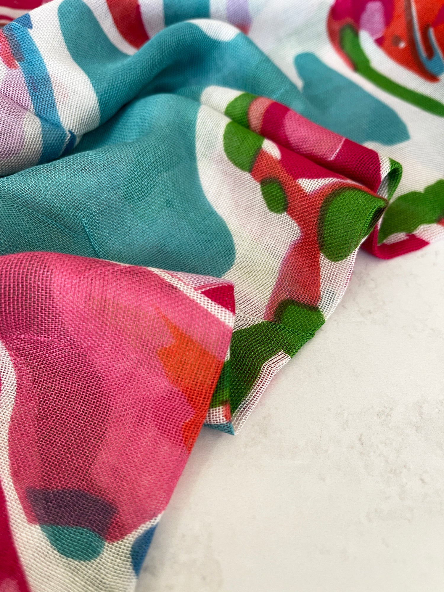 LARGE TEAL FUCHSIA BRIGHT FLORAL COTTON MIX SCARF